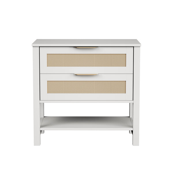 English Elm Rattan Front Boho Coastal Nightstand with Gold Pulls Open Shelf and Woven Drawer Accents White T3210P471548