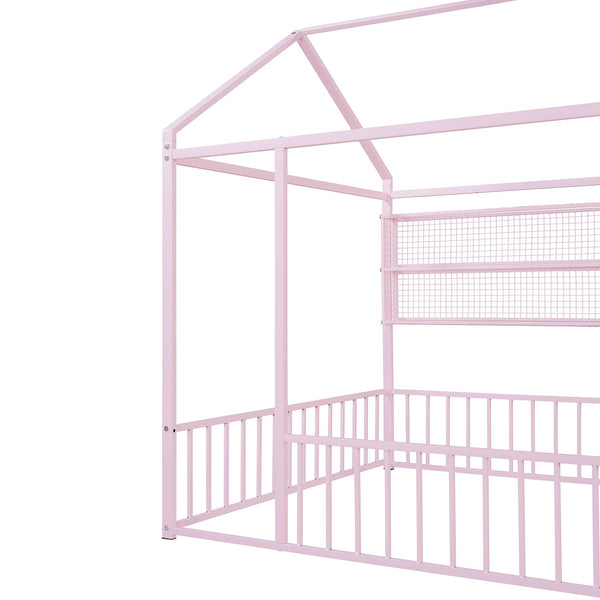 English Elm Full Metal House Bed Frame Full Size with Built-In Fence and 4 Grid Shelves for Durable Storage and Style Pink N737P175361H