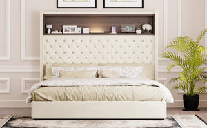 English Elm Queen Velvet Tufted Wingback Platform Bed Tall Headboard with Usb Charging Shelf Beige N733P367135A