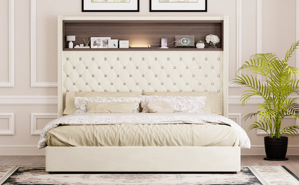 English Elm Queen Velvet Tufted Wingback Platform Bed Tall Headboard with Usb Charging Shelf Beige N733P367135A