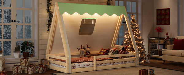 English Elm Twin Montessori Floor Bed Solid Pine Teepee Frame with Guardrails and Canopy Light W1580P369466