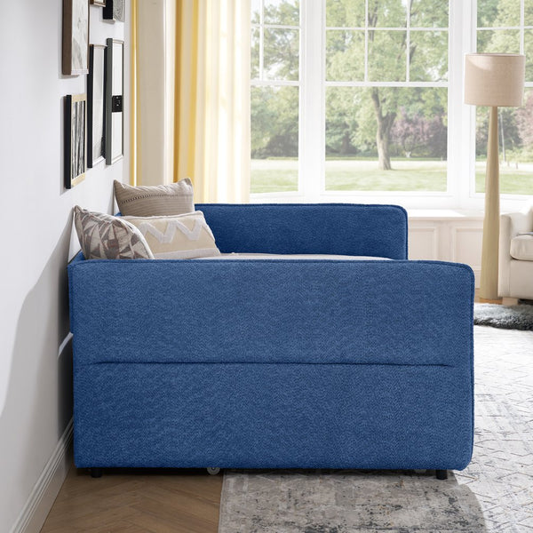 English Elm Full Size Boucle Daybed with Pop up Trundle Tufted Upholstered Sofa Sleeping Blue W1413S00176