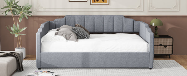 English Elm Upholstered modern daybed with under-bed storage drawers, full-size platform frame for guests Gray DL002033AAE