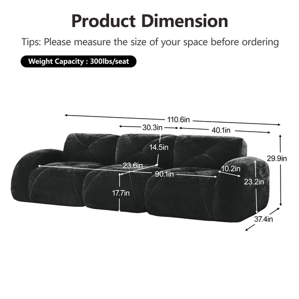 English Elm Three Seater Chenille Sofa with Ottoman Solid Wood Base Tufted Arms Living Room Black W714S01647