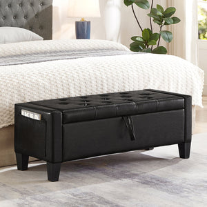 English Elm Ottoman Storage Bench Tufted Linen Upholstered Entryway Seat with Lift Top Shelf Black W2186P465443
