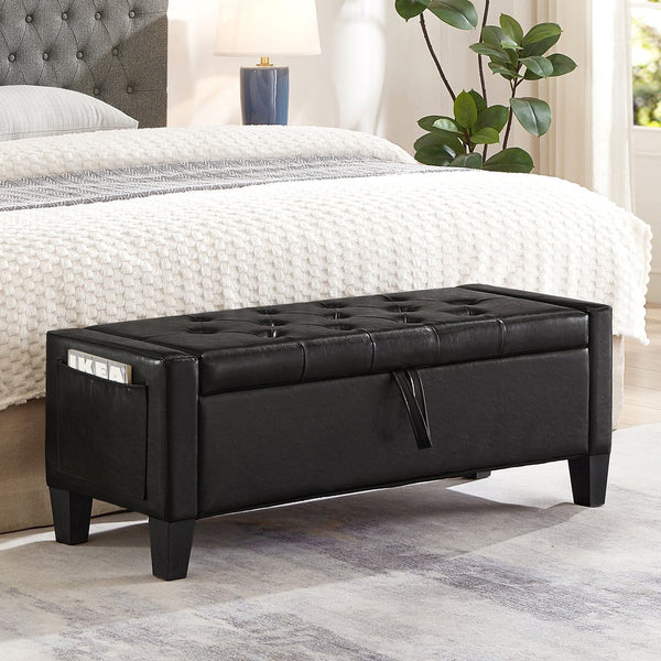 English Elm Ottoman Storage Bench Tufted Linen Upholstered Entryway Seat with Lift Top Shelf Black W2186P465443