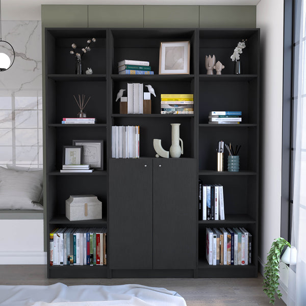 English Elm June 3 Piece Home Bookcase Set with 13 Shelves & Two-Door Cabinet, Modern Durable Storage Solution Black 41 L x 28 W x 5 H B070S00287
