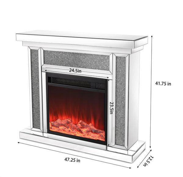 English Elm W Mirrored Electric Fireplace Mantelpiece with Diamond Resin Inlays and 3d Flame W1005S00001