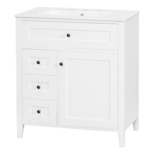 English Elm 30-Inch Contemporary Bathroom Vanity with Sink, MDF & Rubberwood, Glossy Finish, 3 Drawers + Cabinet White N725P350819K