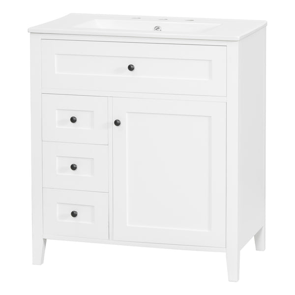 English Elm 30-Inch Contemporary Bathroom Vanity with Sink, MDF & Rubberwood, Glossy Finish, 3 Drawers + Cabinet White N725P350819K