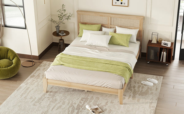 English Elm Queen Size Solid Rubberwood Bed With Rattan Headboard – Durable, Stylish & Space-Saving Design! W504P184305-GIGA
