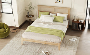 English Elm Queen Platform Bed Solid Rubberwood Arched Rattan Headboard Natural Boho Bedroom W504P380560