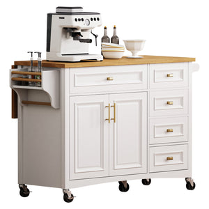 English Elm K&K 52" Kitchen Island with Embossed Farmhouse Texture, Drop Leaf, Spice & Towel Racks, Wheels White N707P195393W