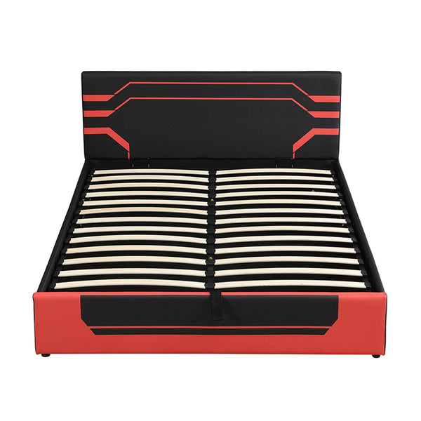 English Elm Modern Cyberpunk Queen Platform Bed Hydraulic Storage Pu Upholstered Gaming Frame Black+Red SF000205AAJ