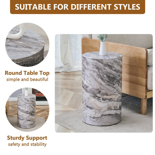 English Elm Simple Marble Textured Cylindrical Side Table Mdf Stone Look Accent for Modern Interiors W1151P291448