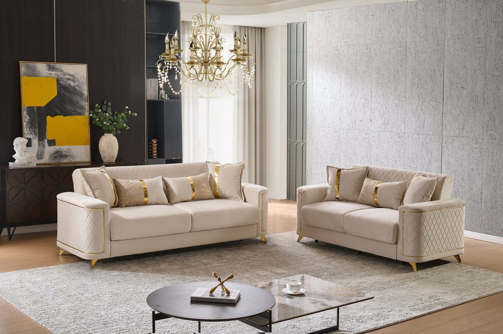 English Elm Lisa Quilted Ivory Sofa and Loveseat Set with Gold Legs for Elegant Living Rooms B009S02227