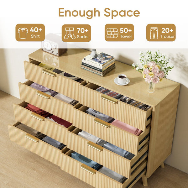 English Elm 6 Drawer Fluted Wood Dresser Natural Finish Compact Chest for Nursery or Bedroom Natural T3773P415554