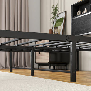 English Elm Full Size Bed Frame with Storage Headboard, Metal Platform with Charging Station, Silent, Sturdy, Black Storage Shelves and Under-Bed Space W840P241043