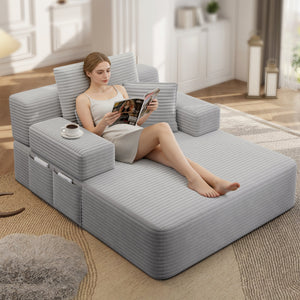 English Elm Luxurious Corduroy Convertible Chaise Lounge Sofa Bed with Foam Support for Apartments Light Grey W3219P449013