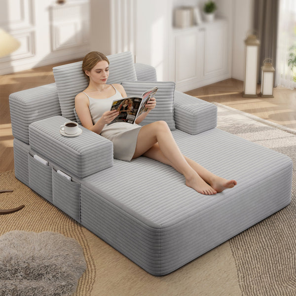 English Elm Luxurious Corduroy Convertible Chaise Lounge Sofa Bed with Foam Support for Apartments Light Grey W3219P449013