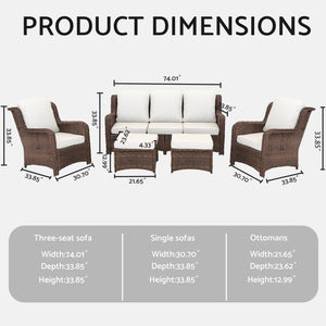 English Elm Patio Rattan Outdoor Sectional Set with 3-Seat Sofa, 2 Chairs & 2 Ottomans Cushioned Comfort Brown Grey,Off White W1710S00256