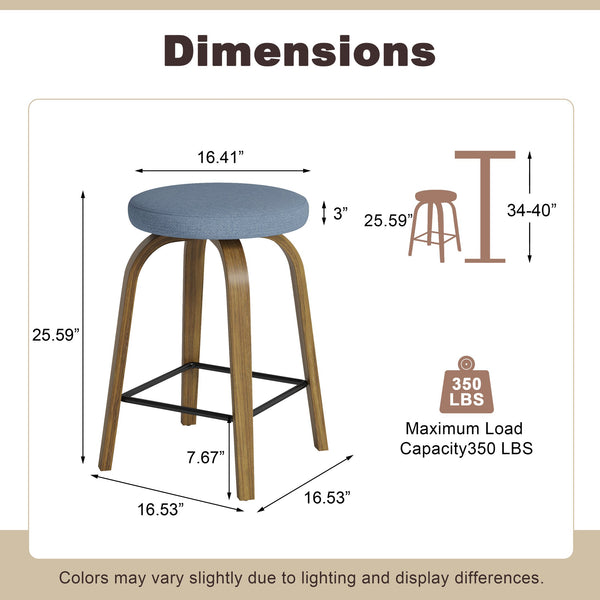 English Elm Swivel Backless Counter Stools Set of 2 with Fabric Seat Bentwood Legs Mid-century Modern Blue W3107P446977