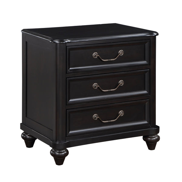 English Elm Charcoal Nightstand with 3 Drawers, Traditional Birch Veneer Bedside Table, Turned Feet & Antique Hardware B011P225166