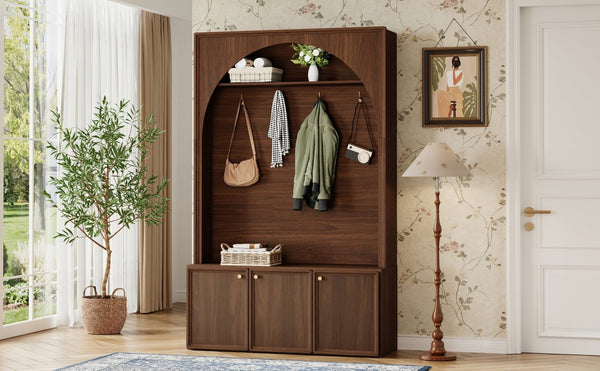 English Elm On-trend Farmhouse Hall Tree Arched Cabinet Storage Bench with Golden Hooks Mudroom Walnut N721S000080P