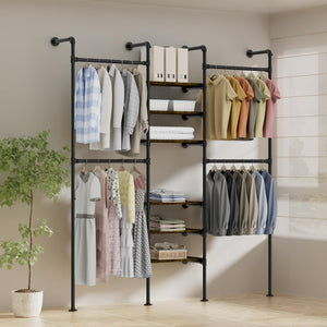 English Elm Industrial Pipe Clothing Rack - Wall-Mounted Heavy-Duty Garment Storage System With Adjustable Shelves T3210P392614