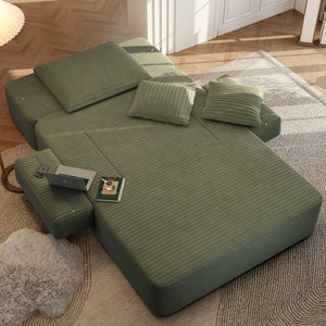 English Elm Luxurious Corduroy Frameless Chaise with Sleeper Conversion Foam Cushioning and Storage Pocket Green W3219P459765