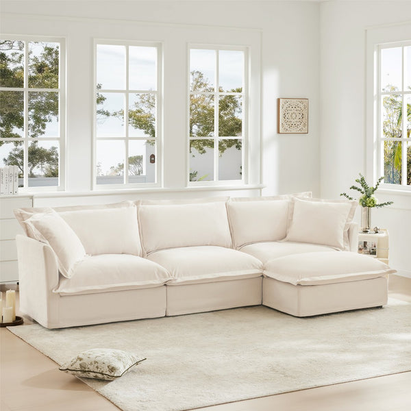 English Elm L-Shaped Slipcovered Sectional Sofa – Plush Chenille Couch With Convertible Ottoman & Pillows, Cream W3041S00006