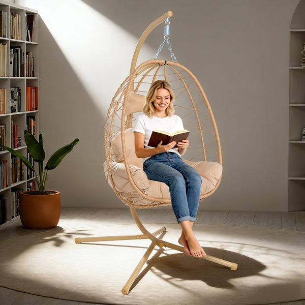 English Elm Hanging Egg Swing Chair Pe Wicker Stand Outdoor Patio Ergonomic Cushioned Seat T5880P497564