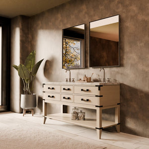 English Elm White Oak Double Bath Vanity Set With Carrara Marble Top, Faucets & 28" Mirrors For Elegant Spaces B2731S01890-GIGA