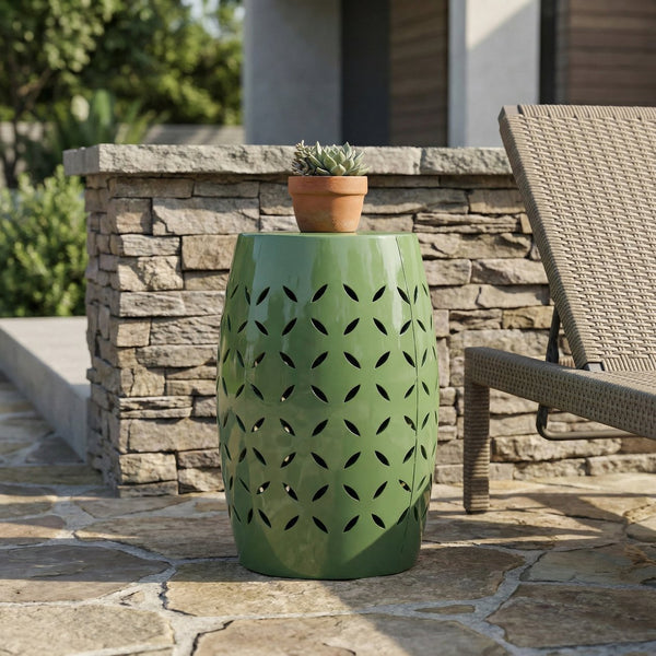 English Elm 12" Outdoor Iron Accent Table Lace Cut Barrel Design Perforated Metal Patio Side Green N773P365595G