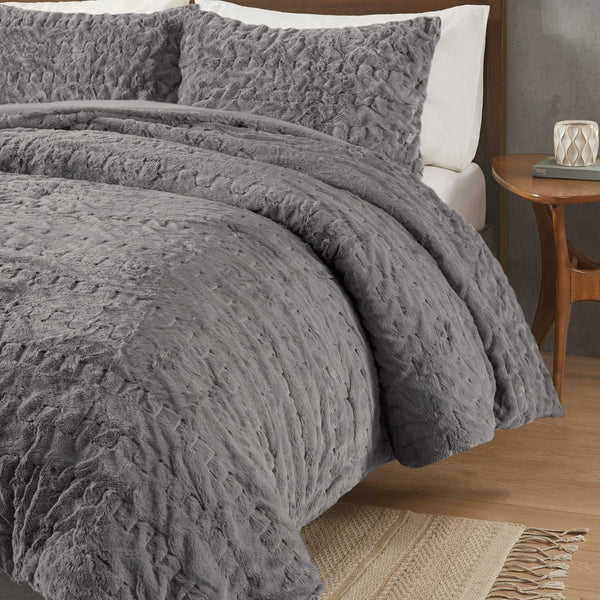 Madison Park Blair Glam/Luxury Ruched Fur Down Alternative Comforter Set MP10-8212 Grey