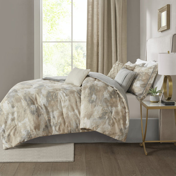 English Elm 7 Piece Textured Cotton Blend Comforter Set In Gray - Modern, Oeko-Tex Certified King Bedding Ensemble B035128833