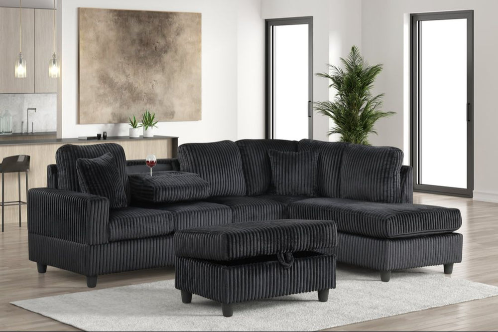English Elm Modern L-shaped Sectional with Button Tufted Back and Drop Down Center Table Charcoal B2771P498532