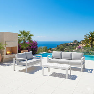English Elm 3-piece Outdoor Aluminum Conversation Set with Deep Cushions and Wpc Coffee Table Grey+White B082S00087