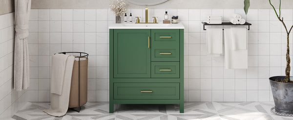 English Elm 30" Green Modern Bathroom Vanity with Ceramic Sink, Solid Wood Frame, Soft-Close Doors & Drawers N729P177787F