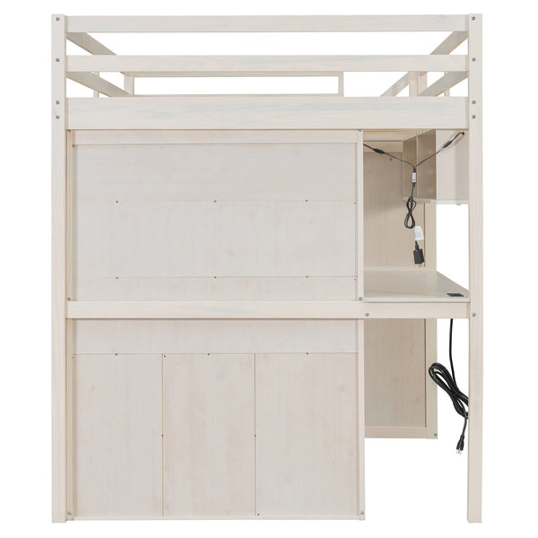 English Elm Full Loft Bed with Integrated Wardrobe Desk Shelving and Led Lighting for Teen Rooms Beige LT000927AAA