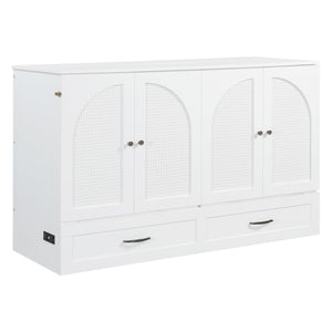 English Elm Queen Murphy Wall Bed with Usb Ports Storage Drawers and Cabinet Style Panel Front White N708S00010K-1