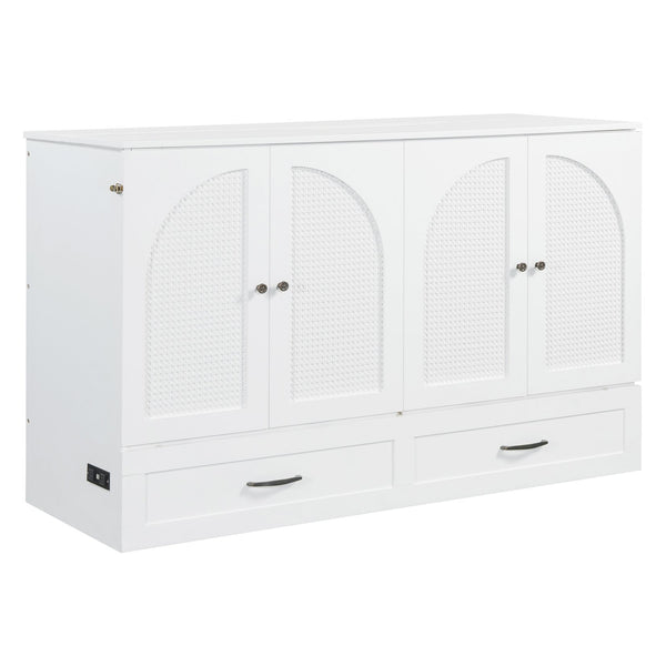 English Elm Queen Murphy Wall Bed with Usb Ports Storage Drawers and Cabinet Style Panel Front White N708S00010K-1