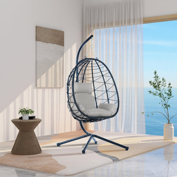English Elm Egg Rattan Hanging Chair with Stand – All-Weather PE Wicker Swing Seat, Cozy Cushion, 350lb Capacity Light Gray W874106467