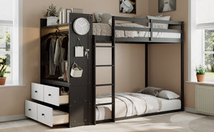 English Elm Twin Bunk Bed with Storage Drawers Hanging Rail Led Shelves and Pegboard Organizer Black LT000282AAB