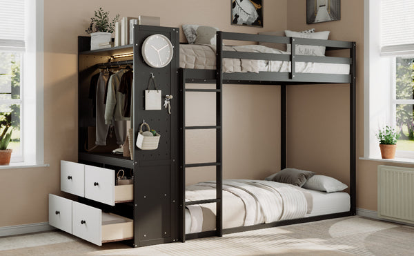English Elm Twin Bunk Bed with Storage Drawers Hanging Rail Led Shelves and Pegboard Organizer Black LT000282AAB