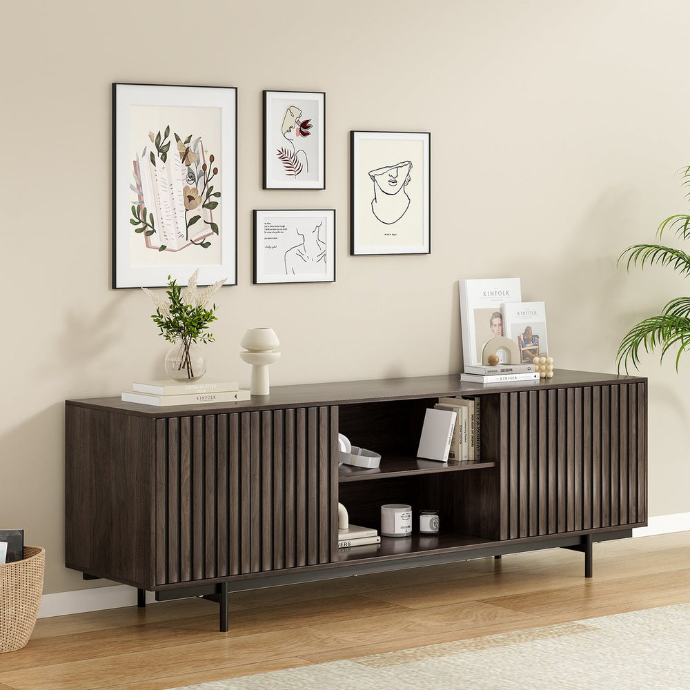English Elm Modern Low Profile Media Console with Open Shelving and Concealed Cabinet Storage Natural Walnut T3623P434859