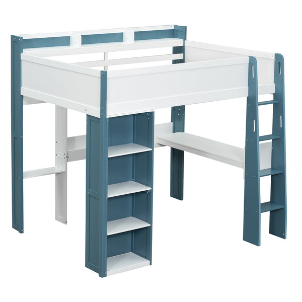 English Elm Full Size Wood Loft Bed With Desk, Storage Shelves & Clothes Rails - Modern Space-Saving Design N7090005007C