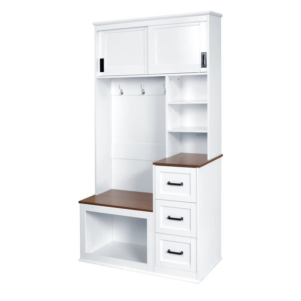 English Elm U-can Hall Tree with Storage Bench Three Drawers Open Shelves and Hooks for Entryway N724P380403K