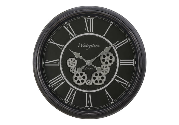 English Elm Clocks, 23" Round Gear Mechanism Wall Clock In Black - Elegant Quartz Movement & Roman Numerals B2710P287145
