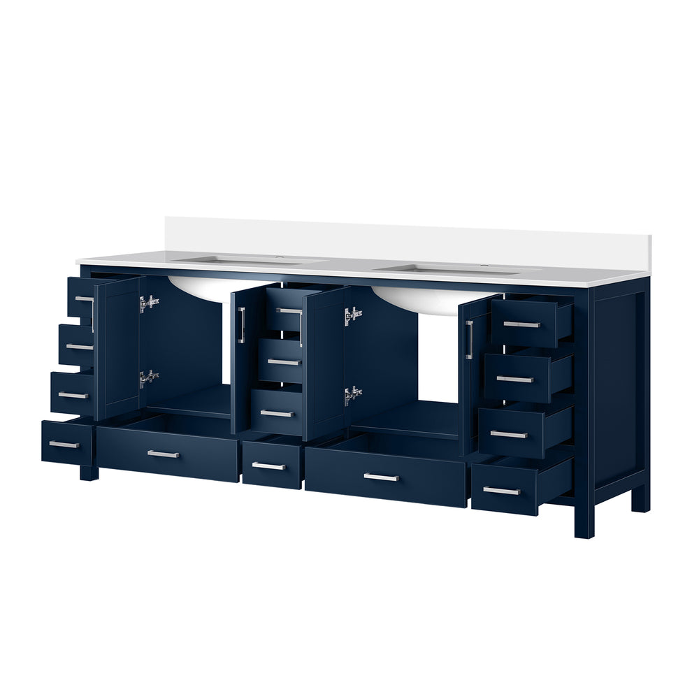 English Elm Navy Double Bath Vanity 84" W x 22" D with White Quartz Top – Solid Wood, Soft-Close, 14 Drawers B2731P258990